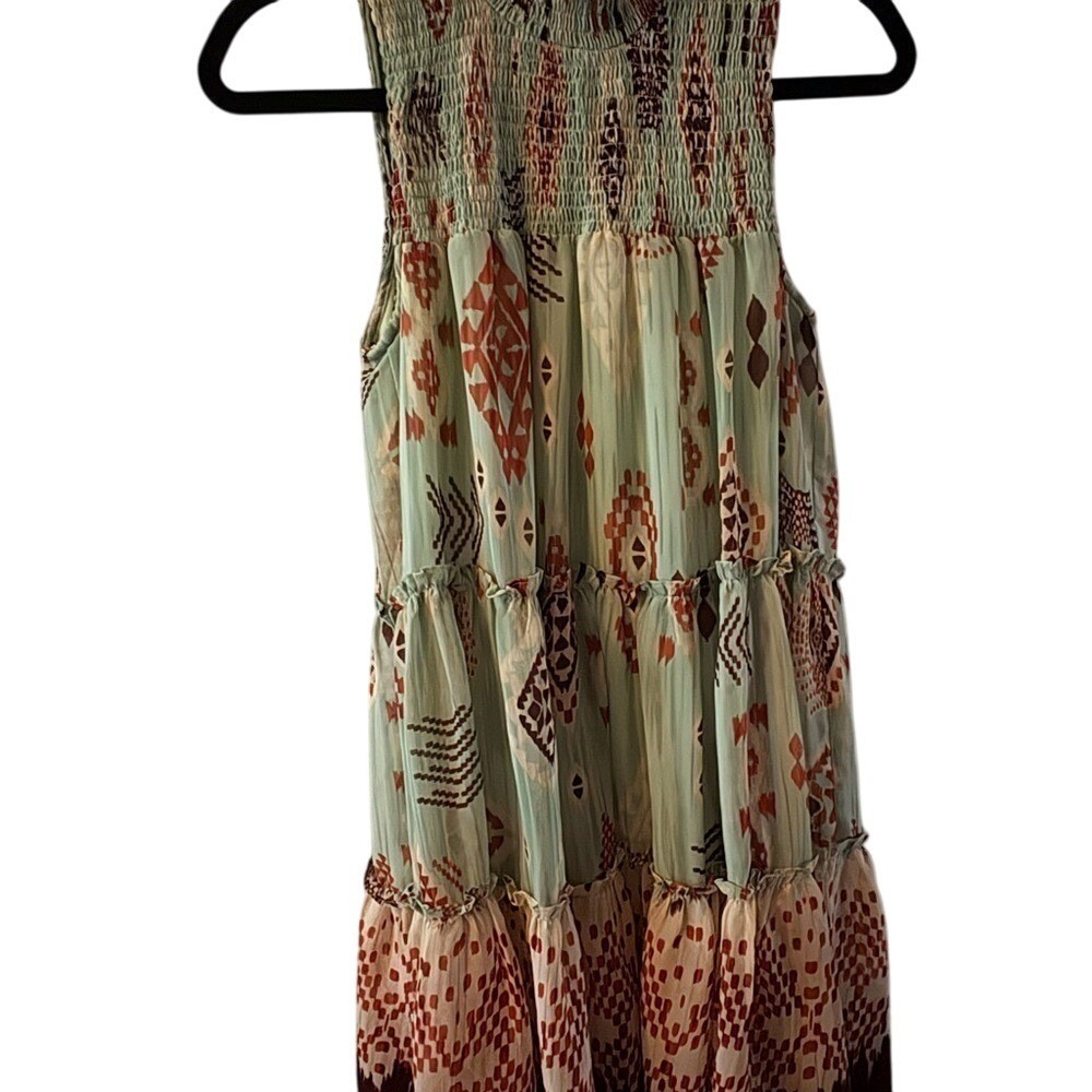 Taylor Dress Smocked Sleeveless Tiered Boho Casual Party Green Red Size S, CB46‎